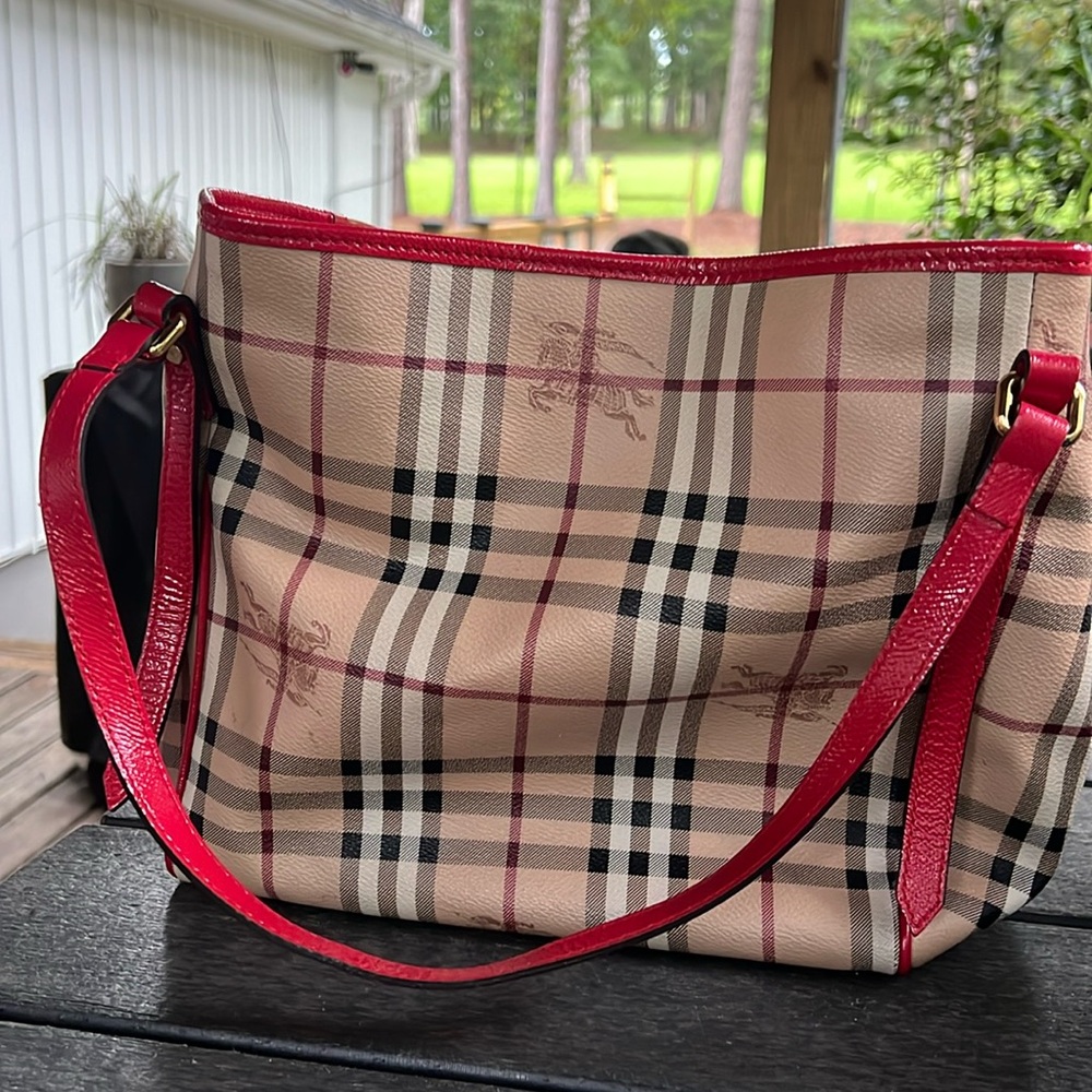 Authentic Burberry Haymarket Checkered Tote Bag with Red Lining